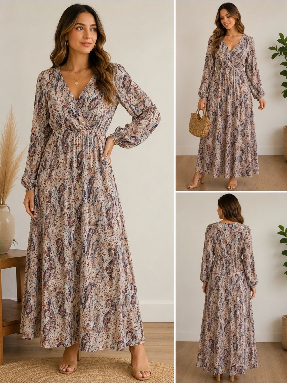 Boho Paisley V-Neck Maxi Dress in Beige
